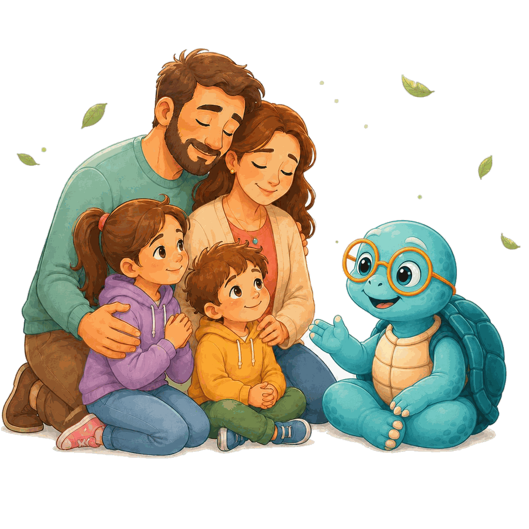 Une famille apaisée accompagnée de Maître Zenio, la mascotte tortue de ZenFamy